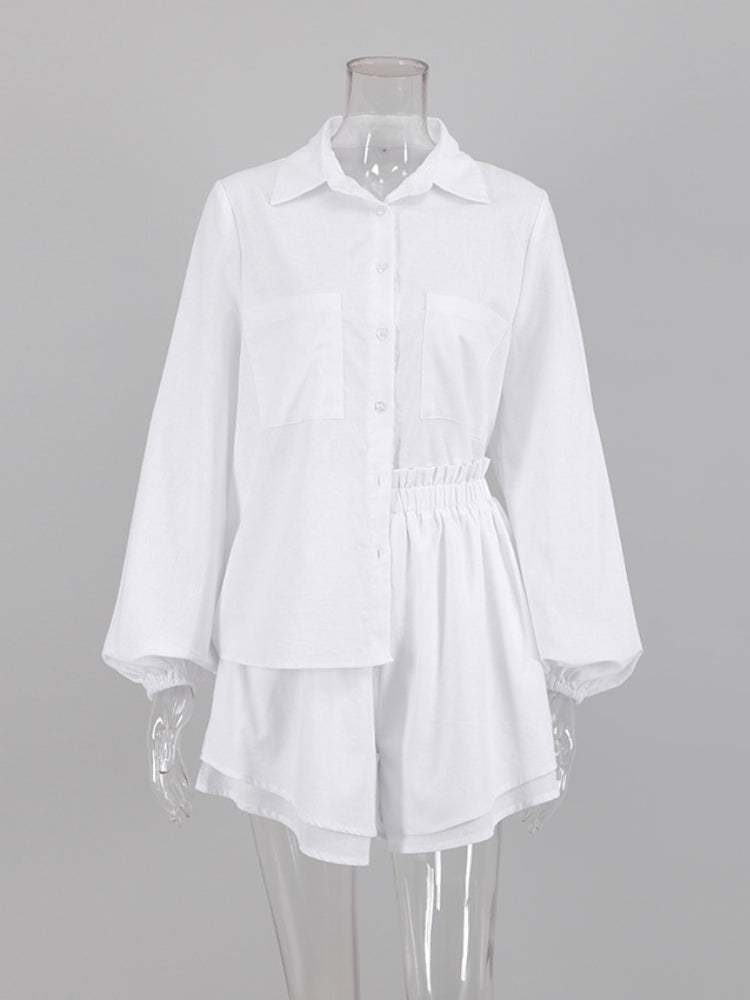 Cotton Linen Women's Long Sleeved Shirt Top Ruffle Shorts 2 Piece
