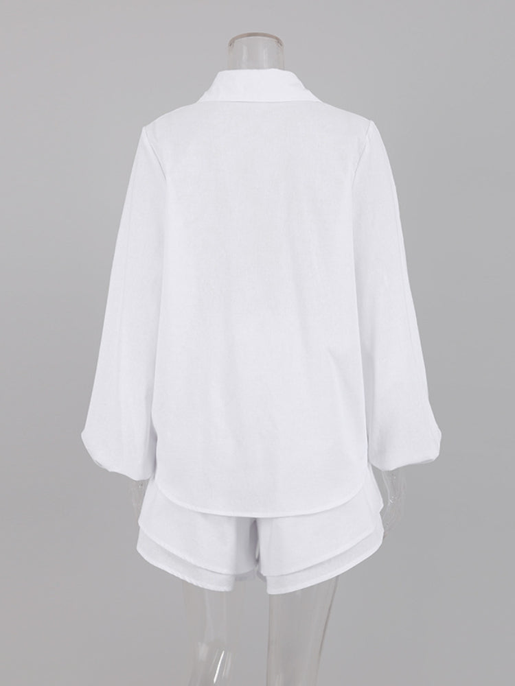Cotton Linen Women's Long Sleeved Shirt Top Ruffle Shorts 2 Piece