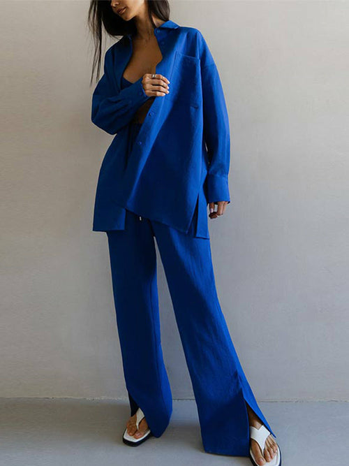 Single-breasted Lapels Long Sleeve Shirt Suit High Waist Lace Up Slit