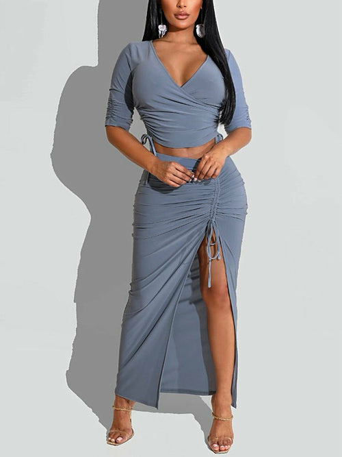 Two Piece Elegant Dress Suits Half Sleeve V Neck Crop Top High Slit